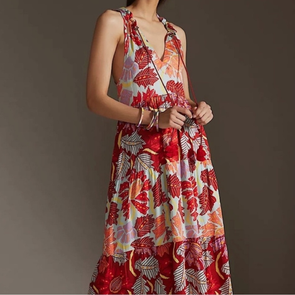 Anthropologie Red, Orange & White Floral Maxi Dress